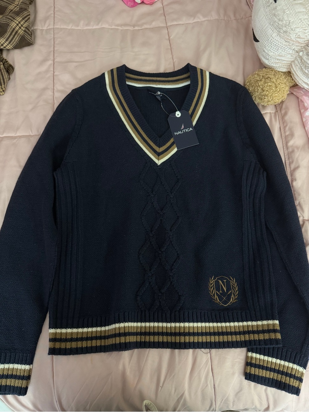 Nautica Navy V-Neck Sweater with Cream and Tan Stripes